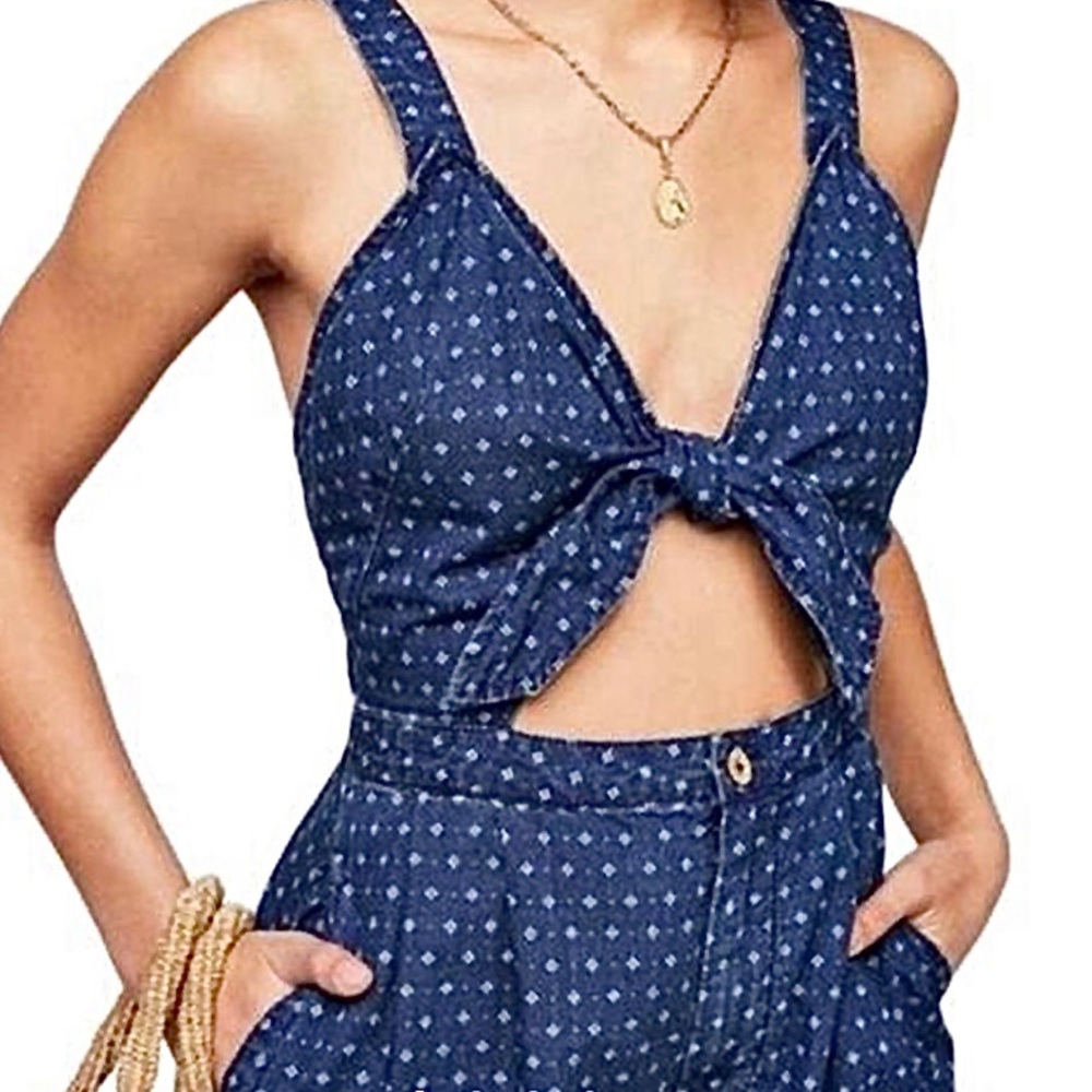Cute western style navy romper with tie front cutout